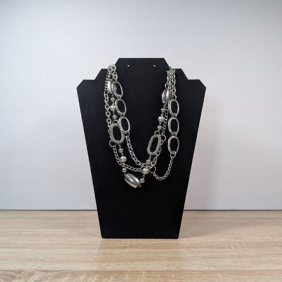 20" Multi-Strand Silver Tone Chain Necklace – Oval Links & Bead Accents  Layered - Picture 1 of 1